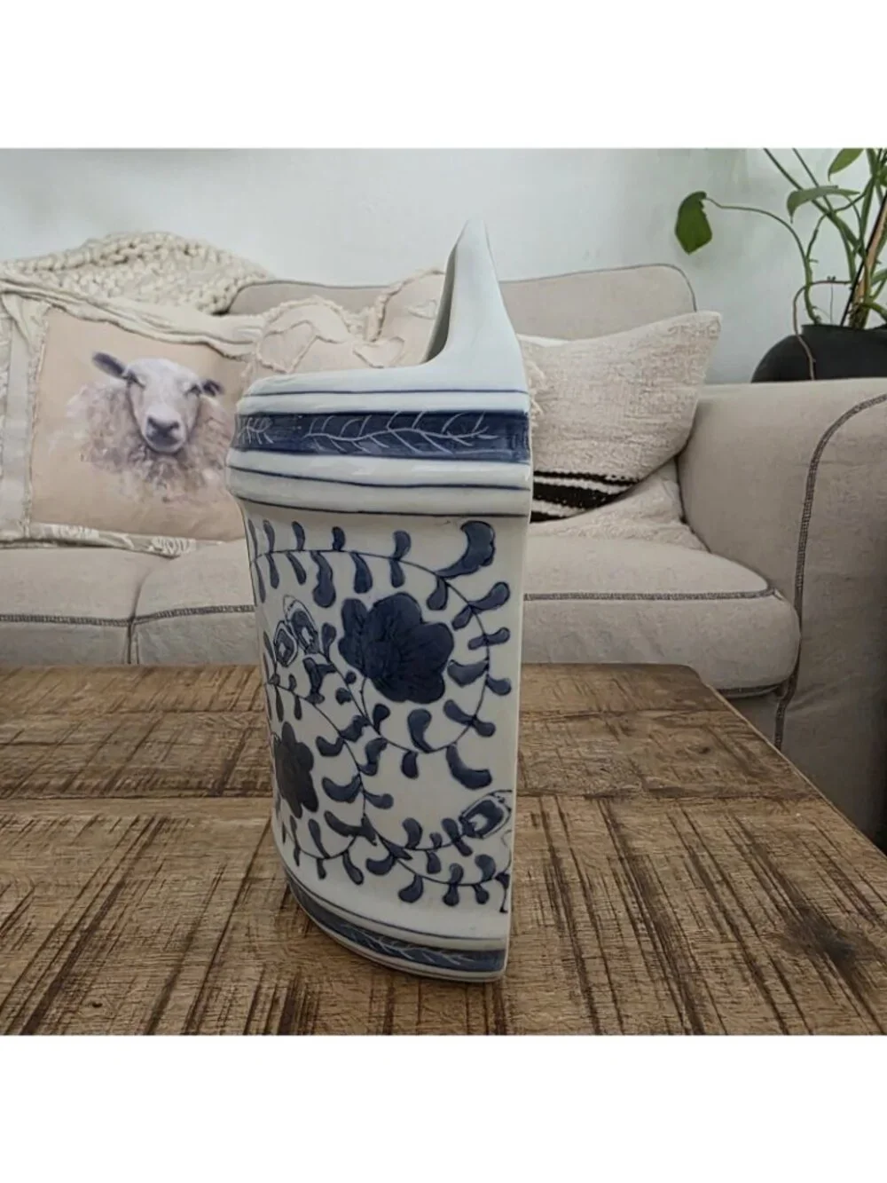 Blue & White Chinoserie Floral Wall Pocket Planter Ceramic 9.75